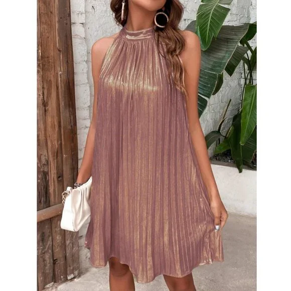 Dusty Pink Metallic Pleated Halter Neck tied back Mini Dress - Picture 3 of 6